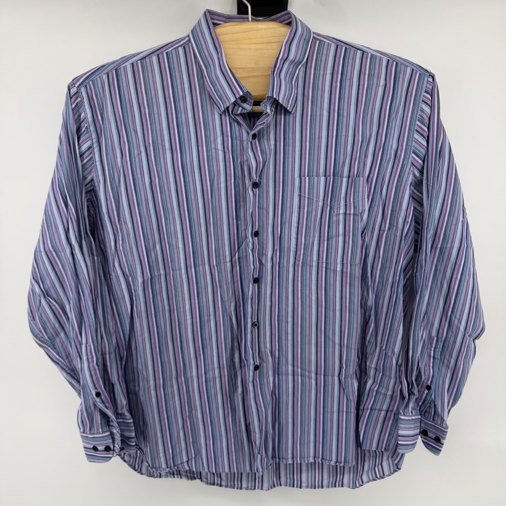 Alan Flusser Mens XXL Purple Blue‎ Striped 100% Cotton Hidden Button Down Shirt